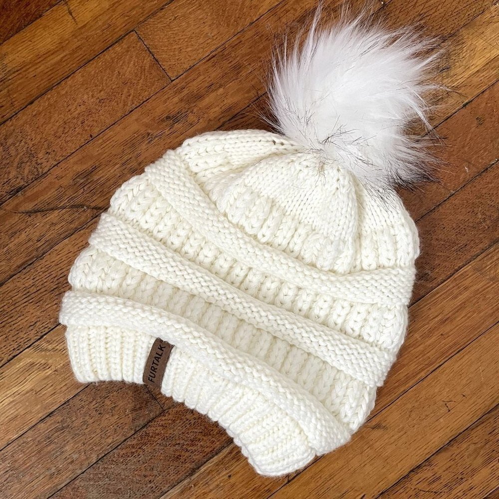 Furtalk white‎ winter hat pom pom warm cold weather took beanie comfortable knit